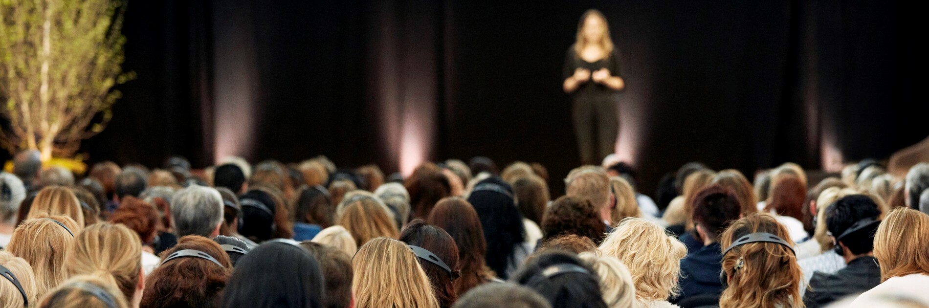 Picture of woman speaking in front of a crowd.